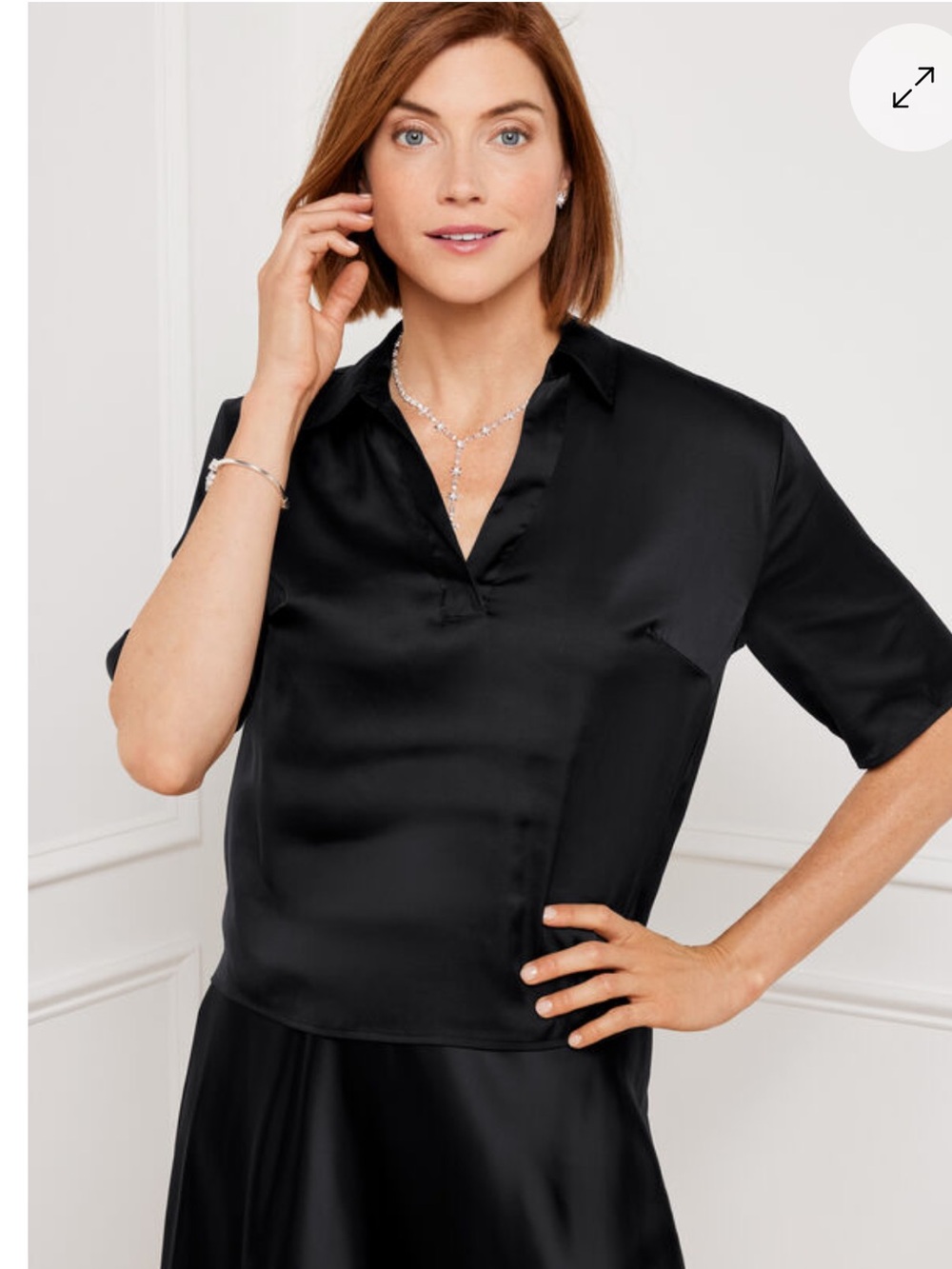 NWT Talbots Johnny Collar Satin  Charmeuse Blouse, Black, Short Sleeve, XLP, 22”